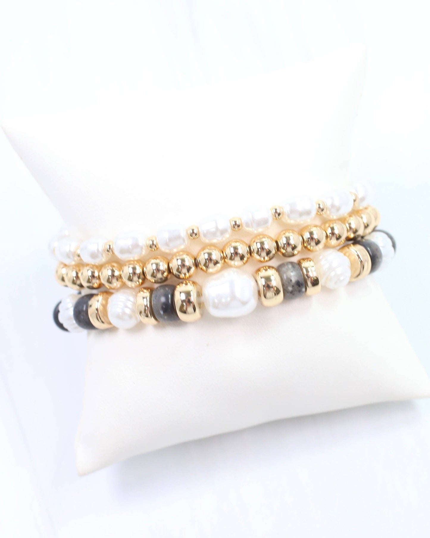 Caroline Hill - Bowie Bead and Pearl Stretch Bracelet Set Black