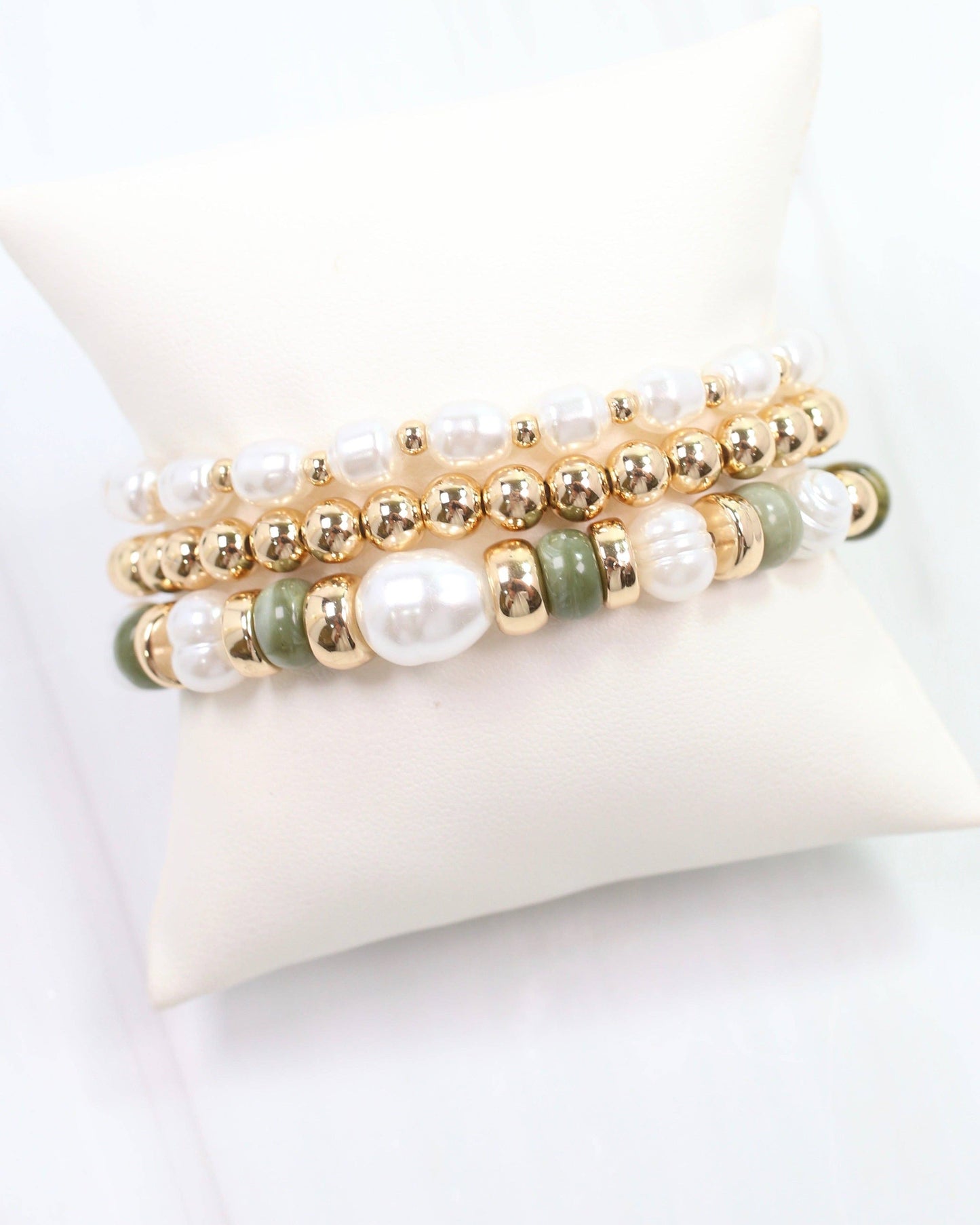 Caroline Hill - Bowie Bead and Pearl Stretch Bracelet Set Olive
