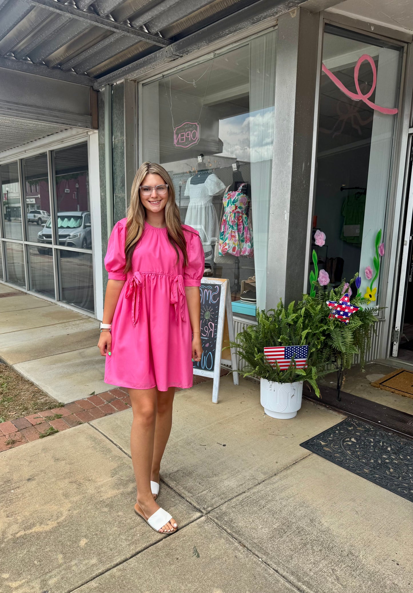 Round Neck Puff Sleeve Dress with Bow detail