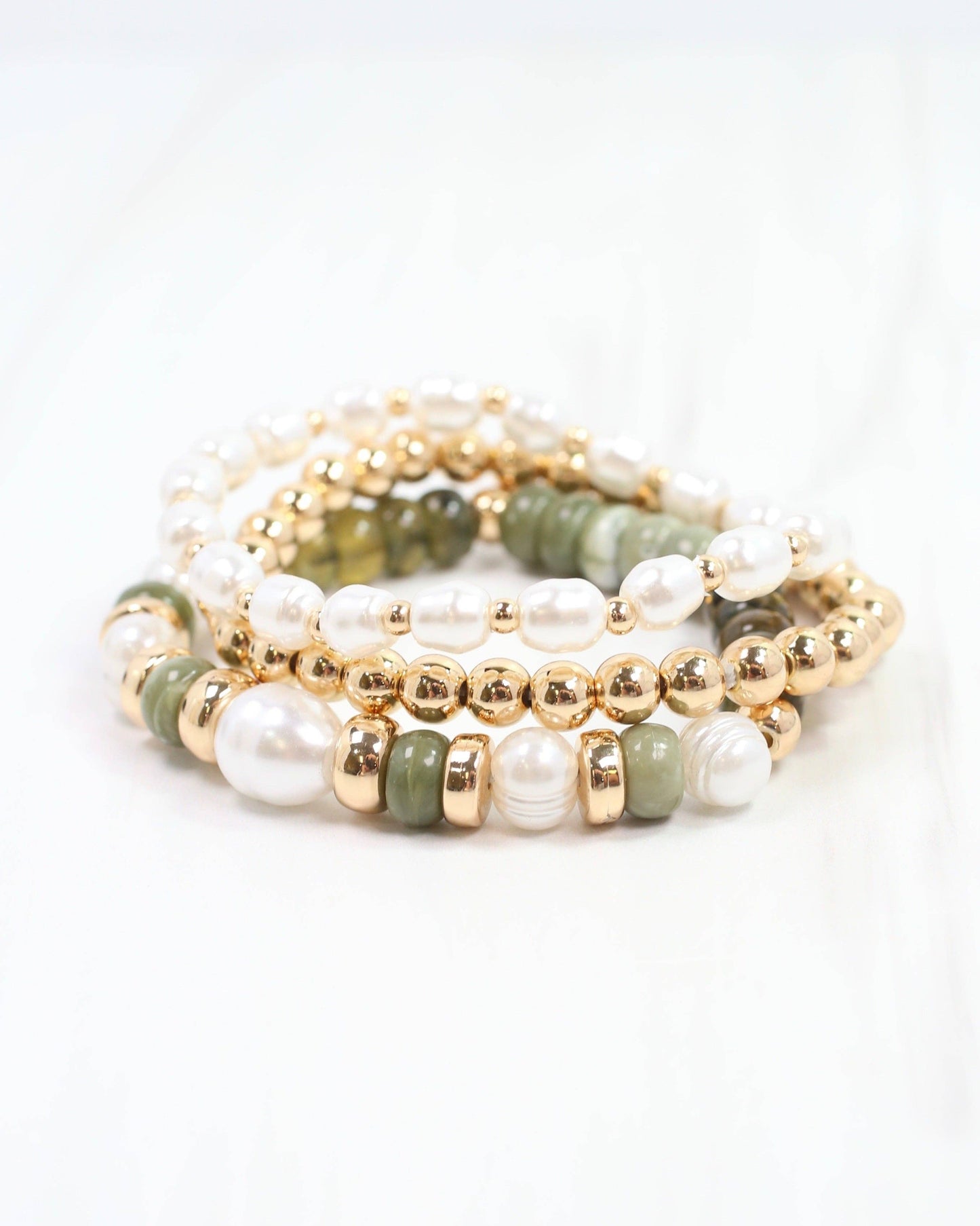 Caroline Hill - Bowie Bead and Pearl Stretch Bracelet Set Olive