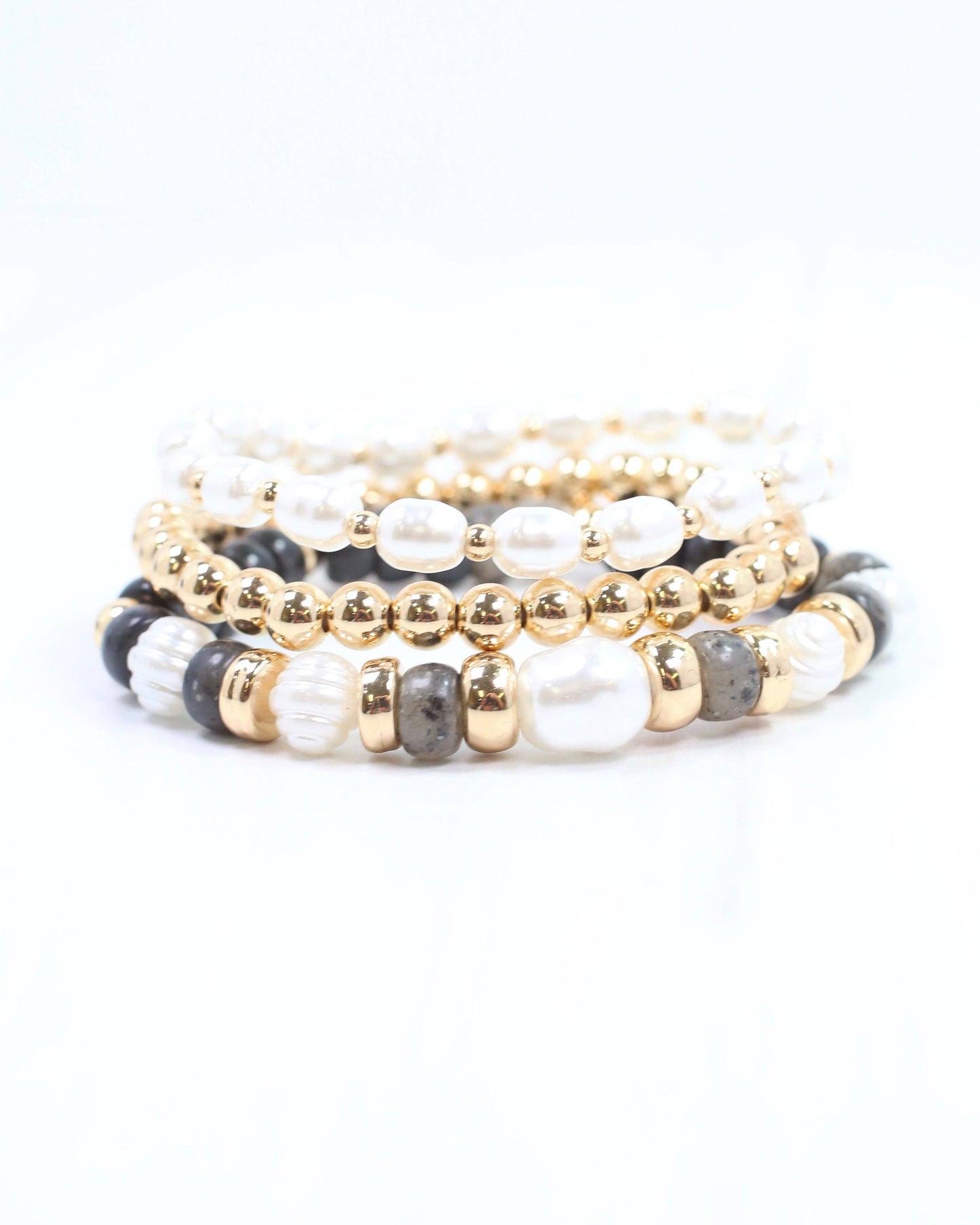 Caroline Hill - Bowie Bead and Pearl Stretch Bracelet Set Black