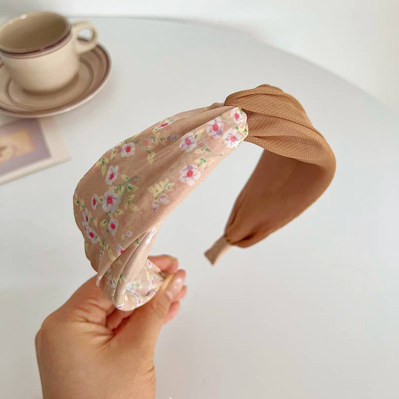 Adorro - Peach Floral Printed Knot and Twist Headband