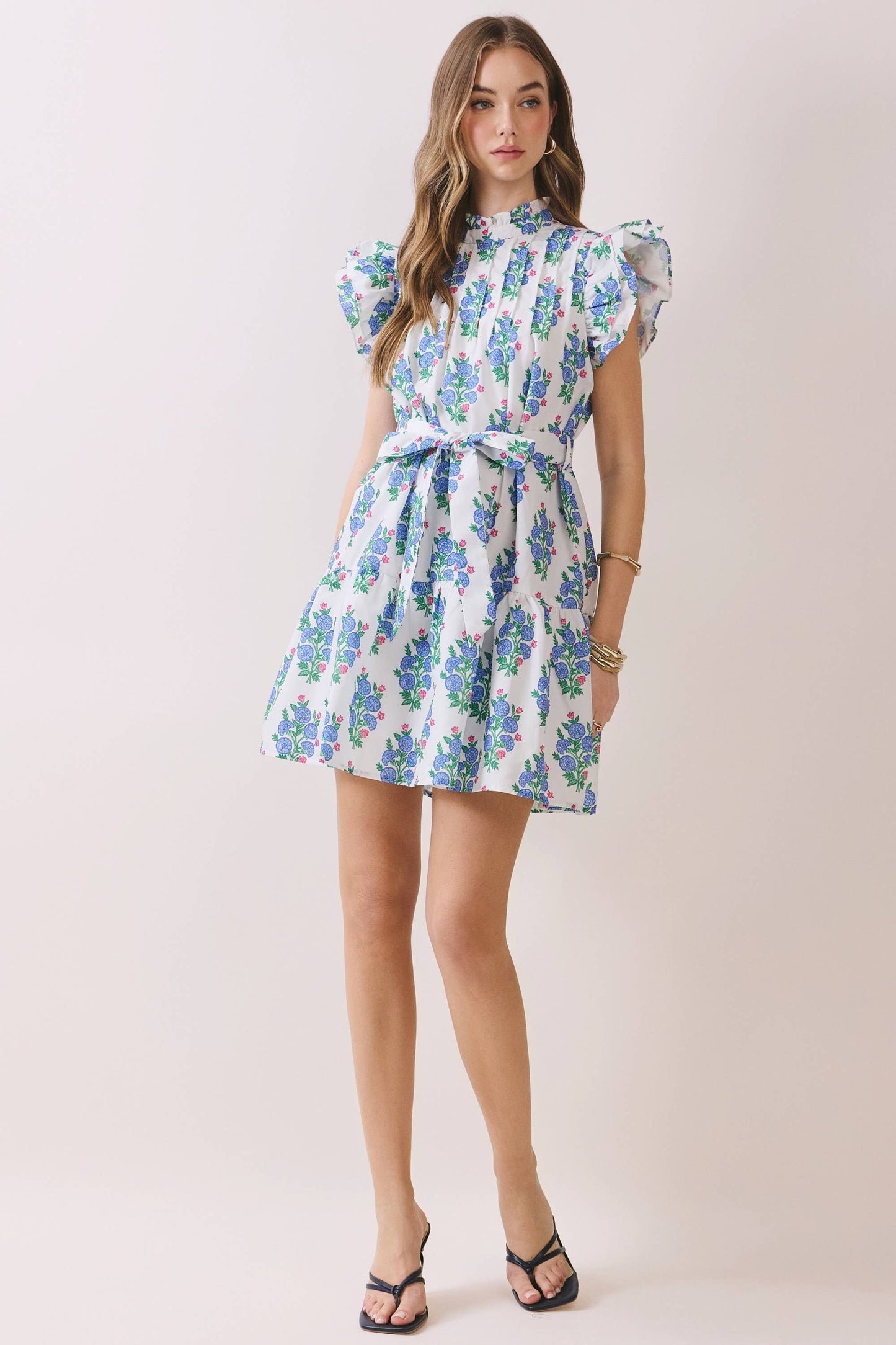 Floral Pleated Bodice Ruffle Sleeve Mini Dress