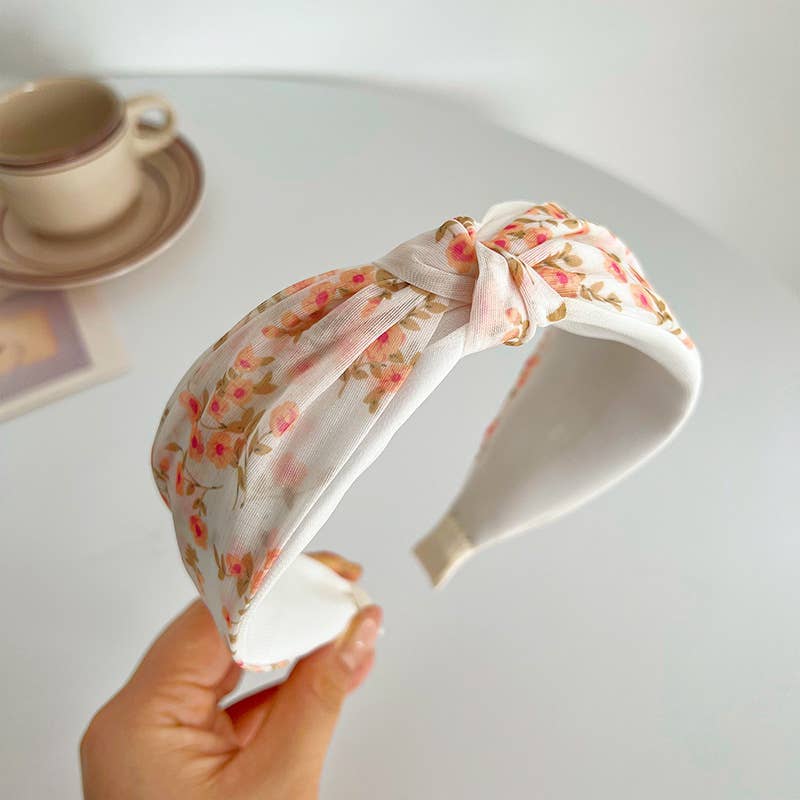 Adorro - Peach Floral Printed Knot and Twist Headband