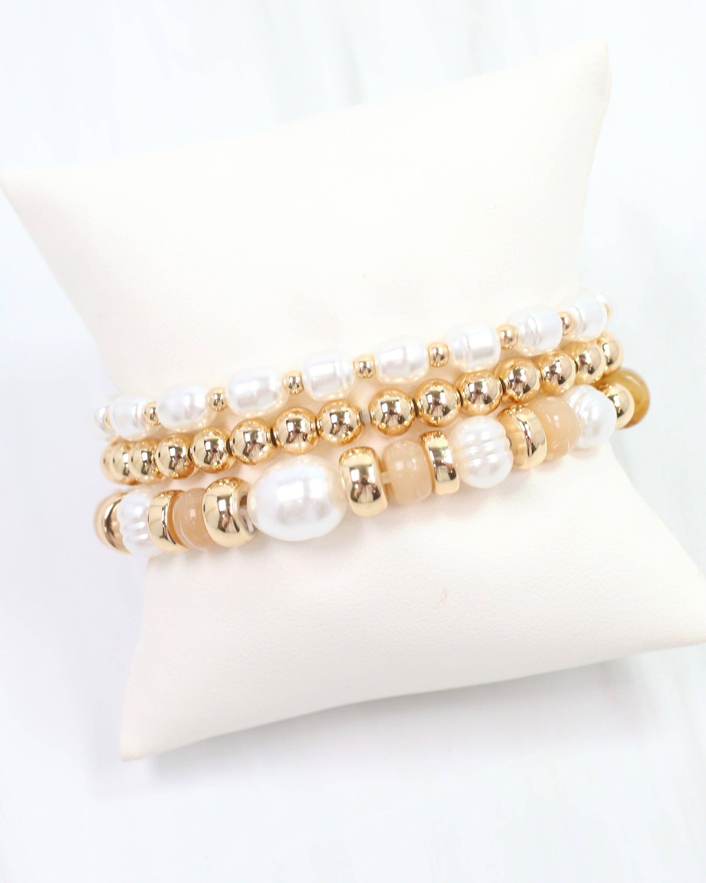 Caroline Hill - Bowie Bead and Pearl Stretch Bracelet Set Brown