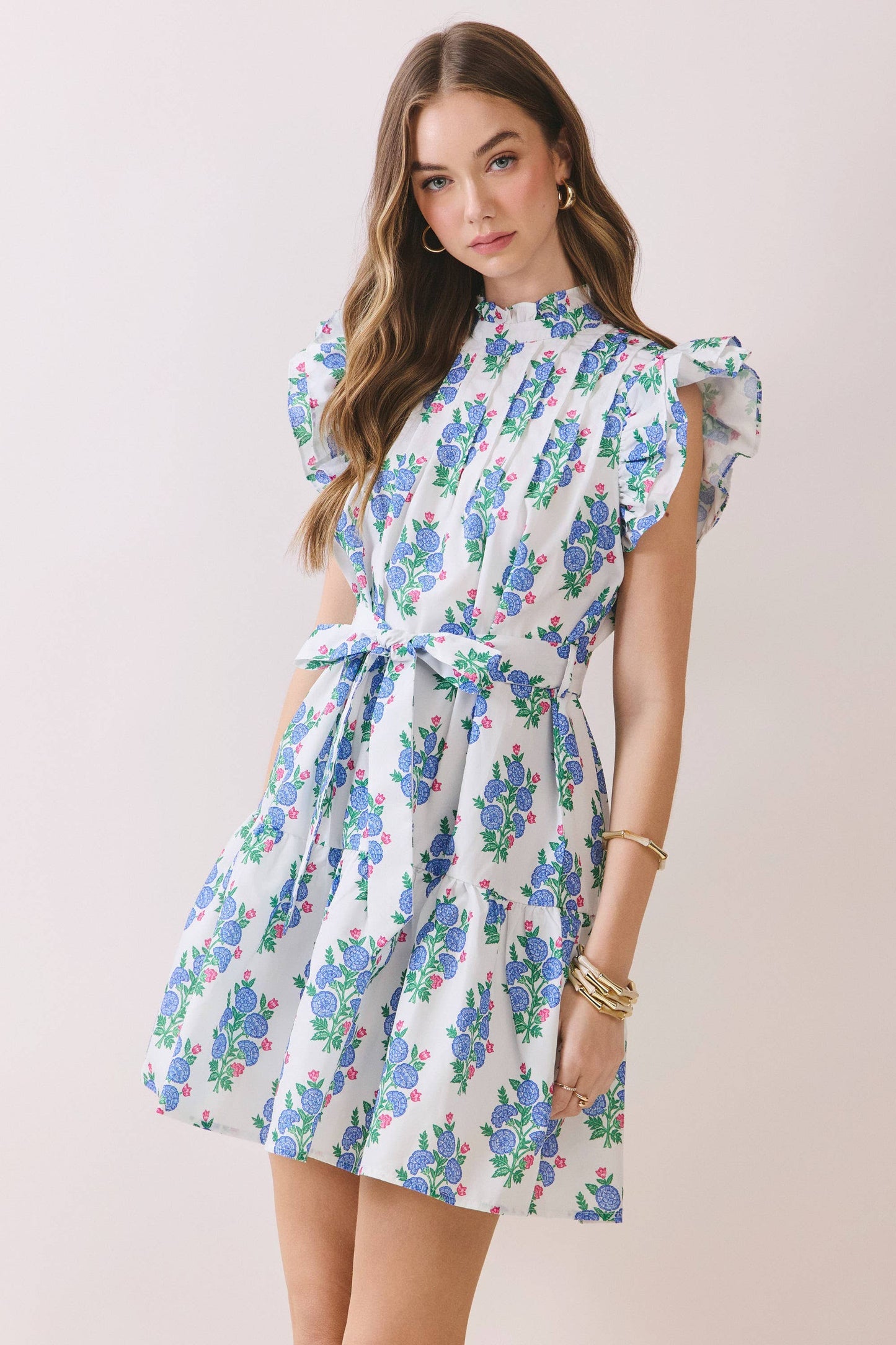 Floral Pleated Bodice Ruffle Sleeve Mini Dress