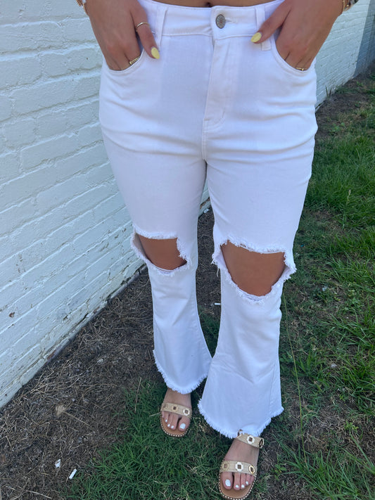 White Distressed Hollow-out Knee Frayed Flare Jeans
