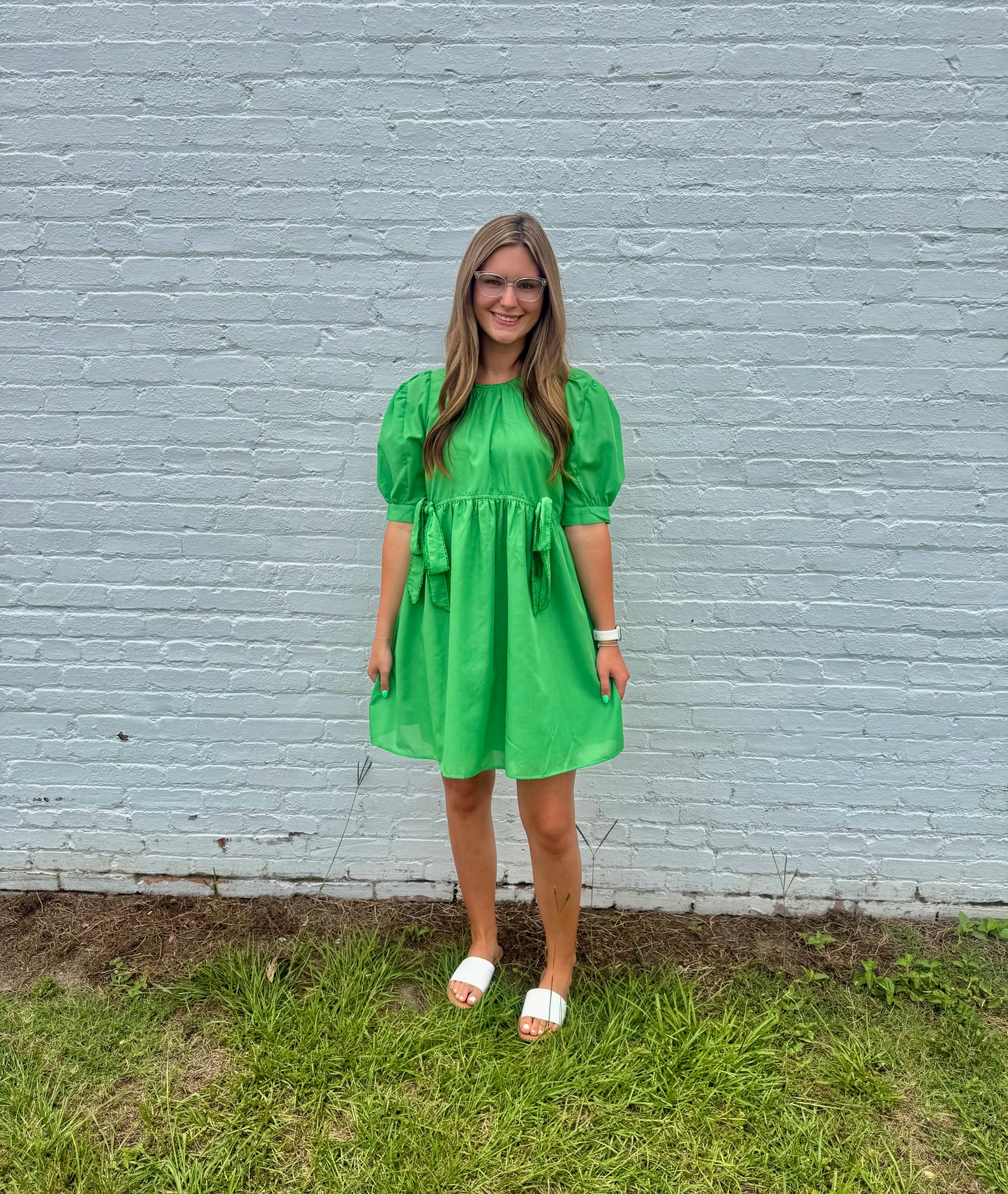 Round Neck Puff Sleeve Dress with Bow detail