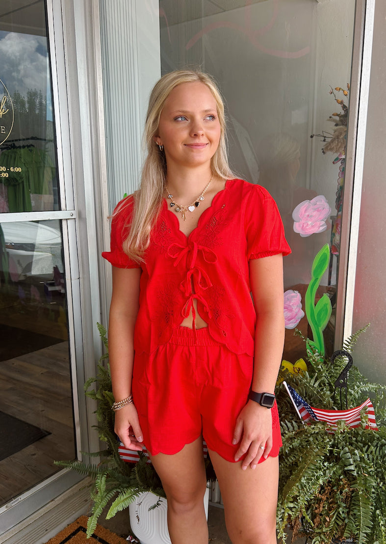 RED EYELET EMBROIDERD SET