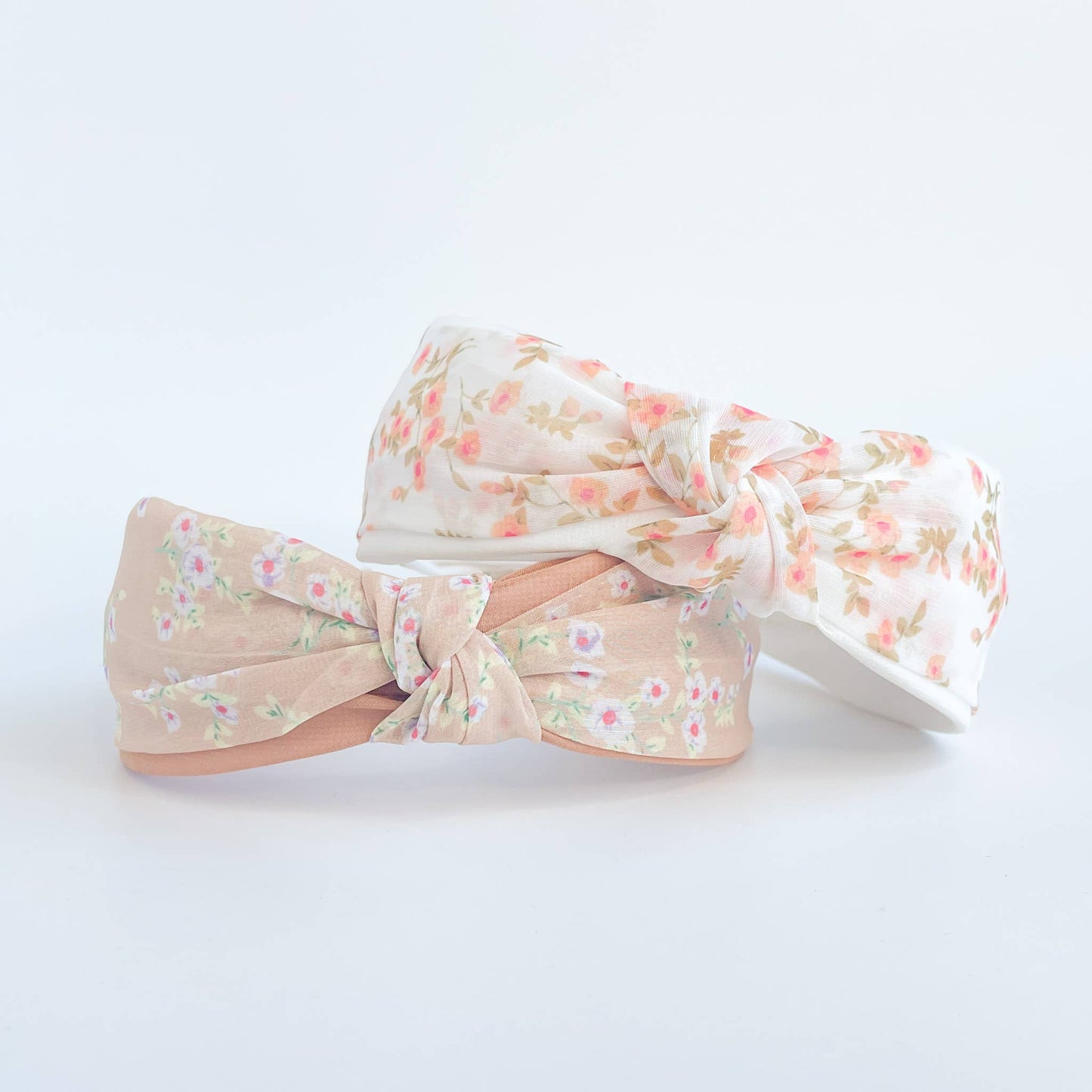 Adorro - Peach Floral Printed Knot and Twist Headband