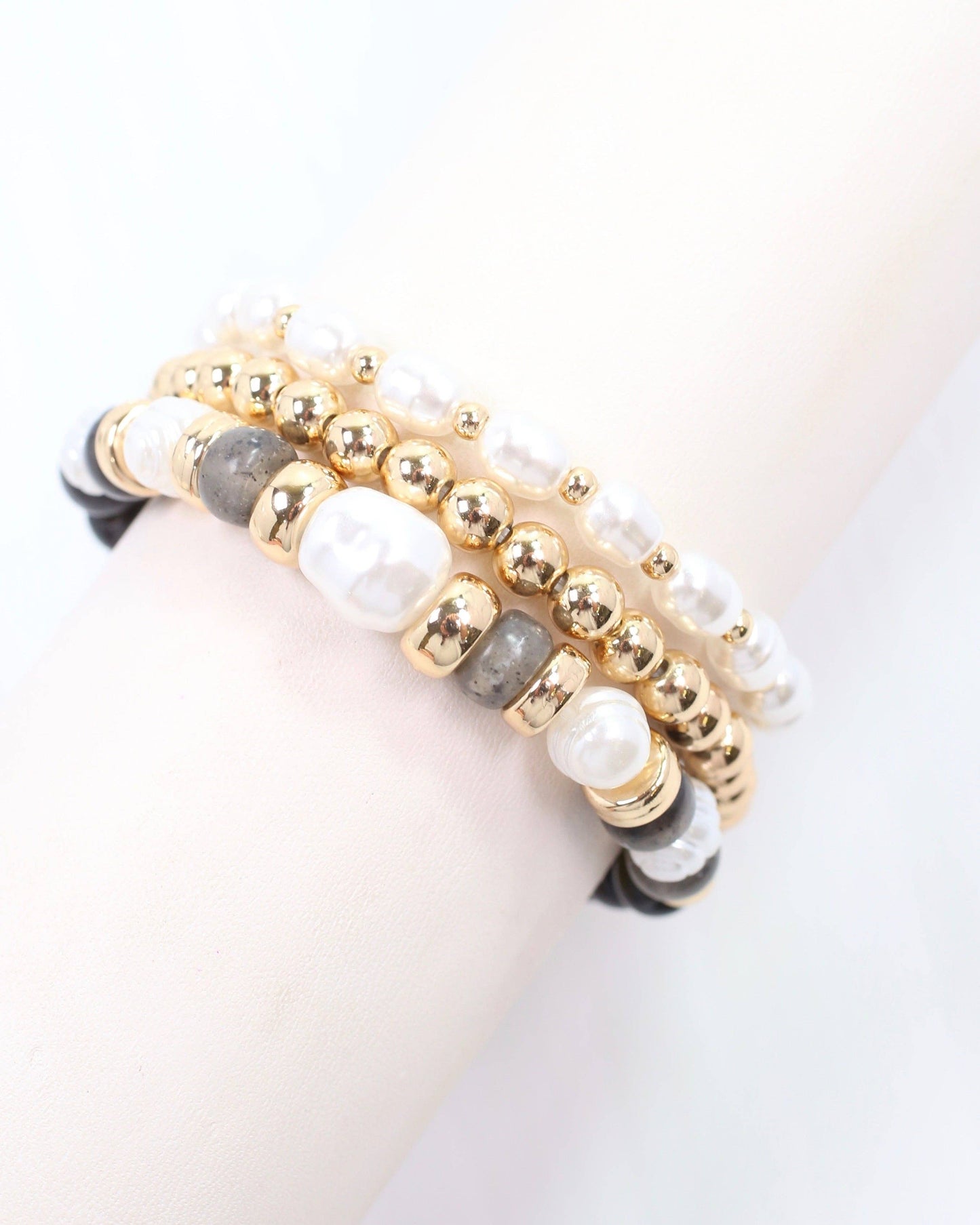Caroline Hill - Bowie Bead and Pearl Stretch Bracelet Set Black