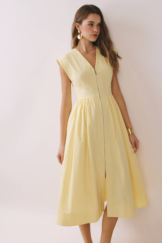 Cap Sleeve V Neck Midi Dress with Front Zipper