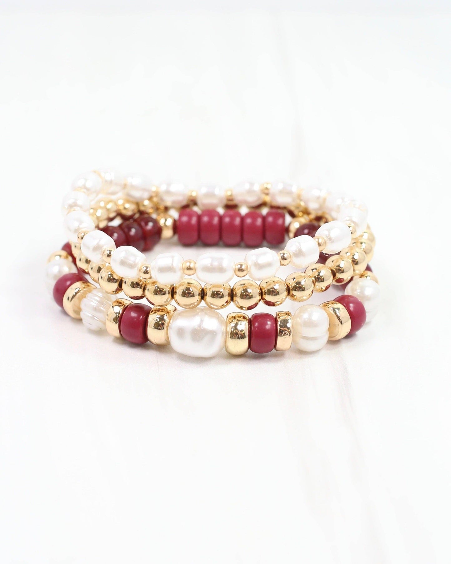Caroline Hill - Bowie Bead and Pearl Stretch Bracelet Set Burgundy