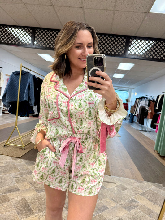 Satin Christmas Tree & Bow Pajama Set