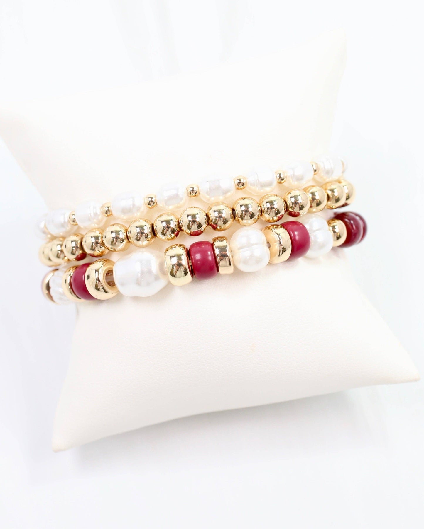 Caroline Hill - Bowie Bead and Pearl Stretch Bracelet Set Burgundy