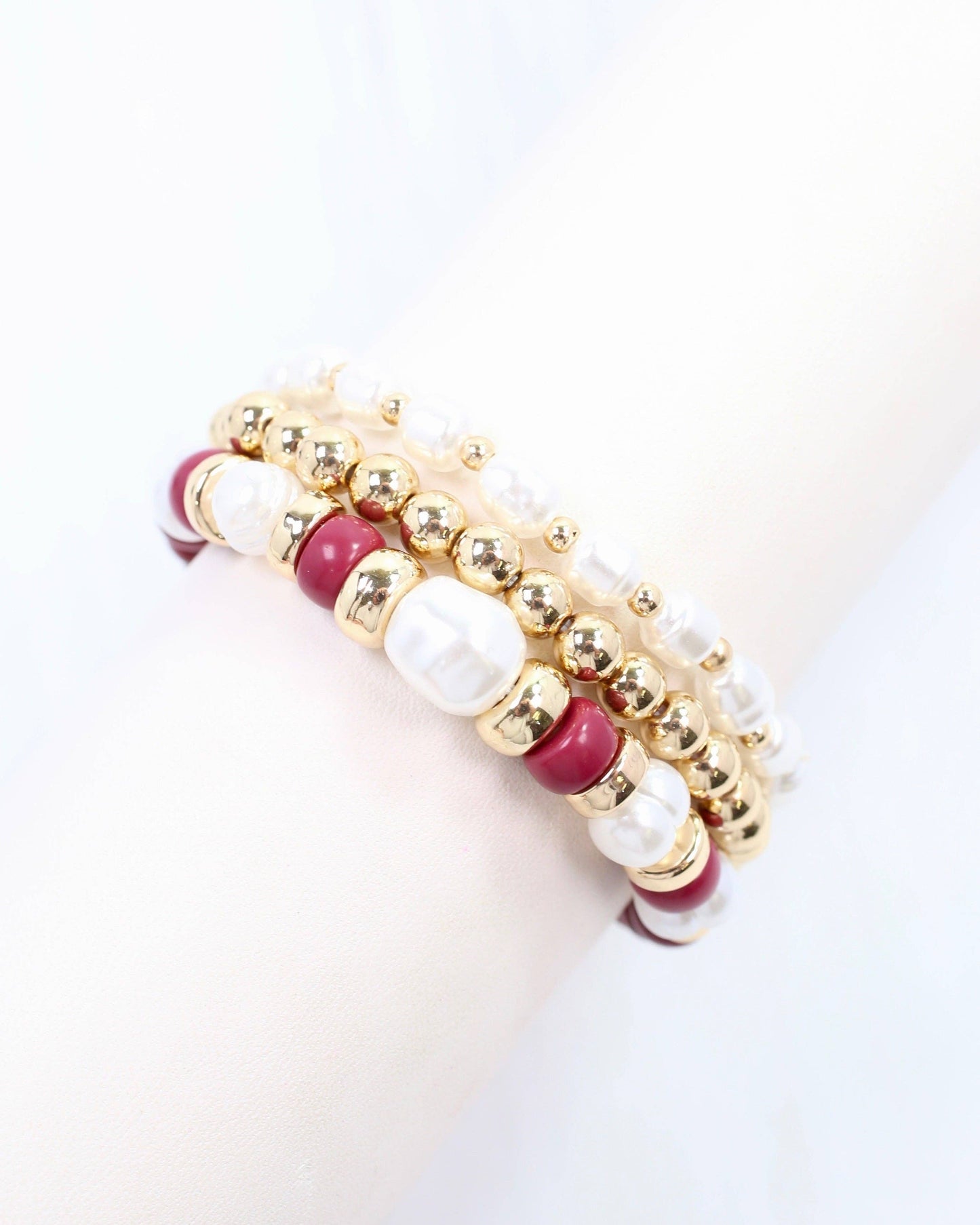 Caroline Hill - Bowie Bead and Pearl Stretch Bracelet Set Burgundy