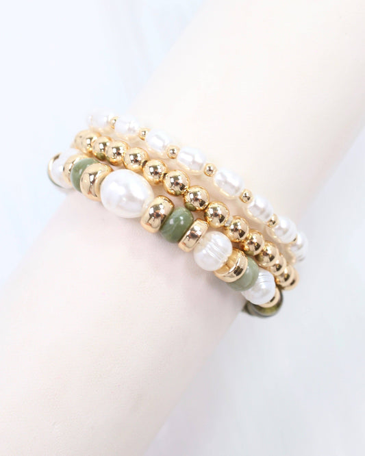 Caroline Hill - Bowie Bead and Pearl Stretch Bracelet Set Olive
