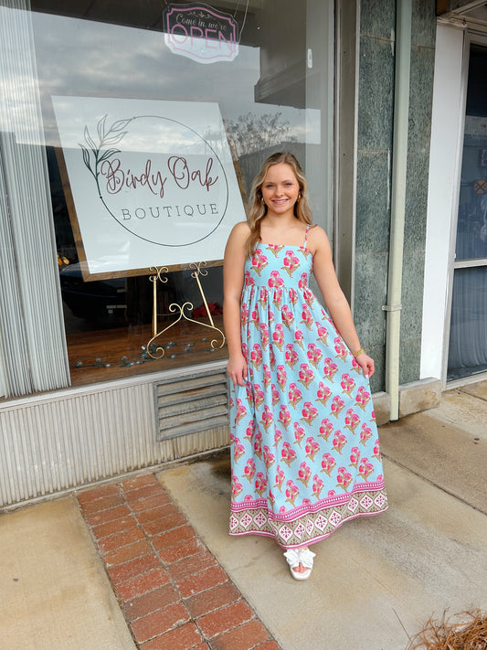 Floral Print Gathered Waist seam Maxi Dress