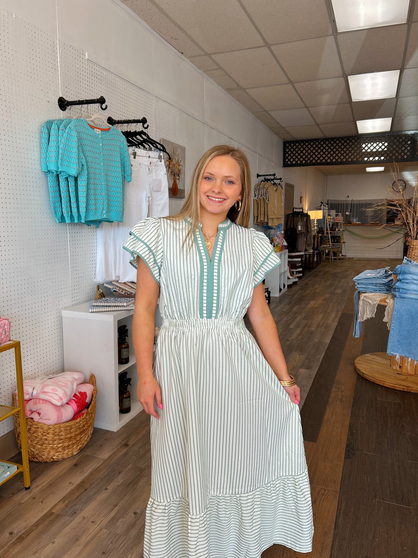 Striped Flutter Sleeve Midi Dress