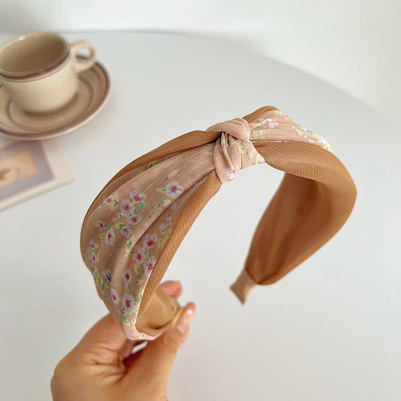 Adorro - Peach Floral Printed Knot and Twist Headband