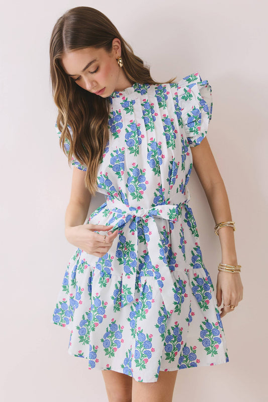 Floral Pleated Bodice Ruffle Sleeve Mini Dress