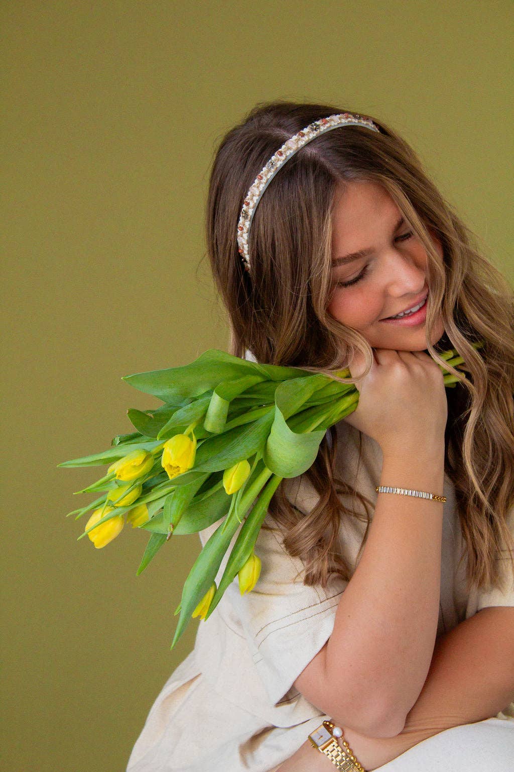 Thin Cream Beaded Headband