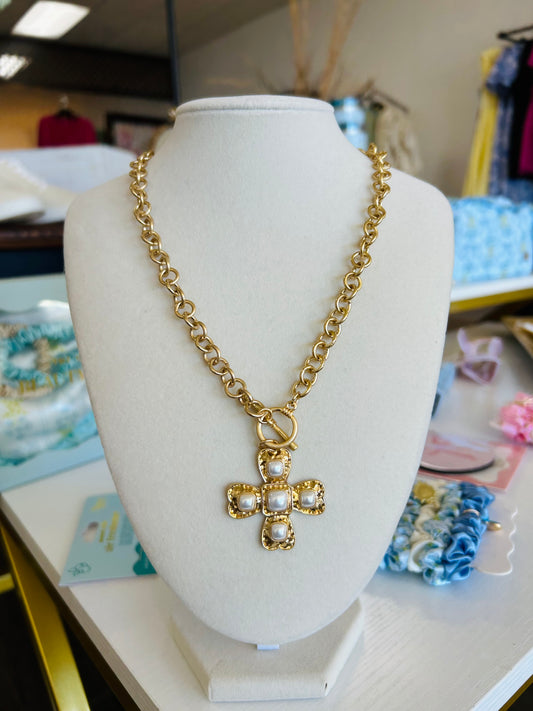 Caroline Hill - Palazzo Pearl and Gold Cross Necklace Worn Gold