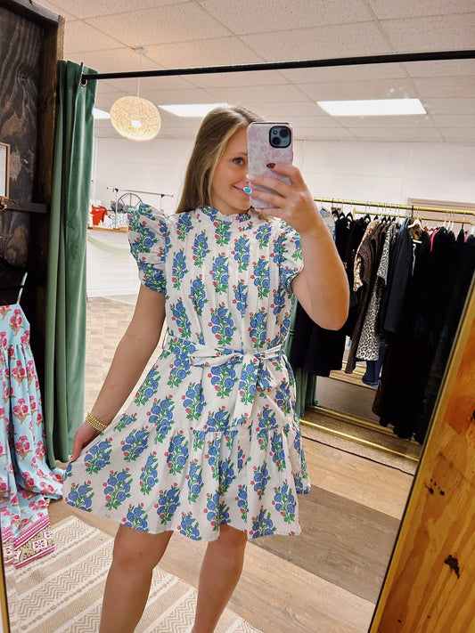 Floral Pleated Bodice Ruffle Sleeve Mini Dress