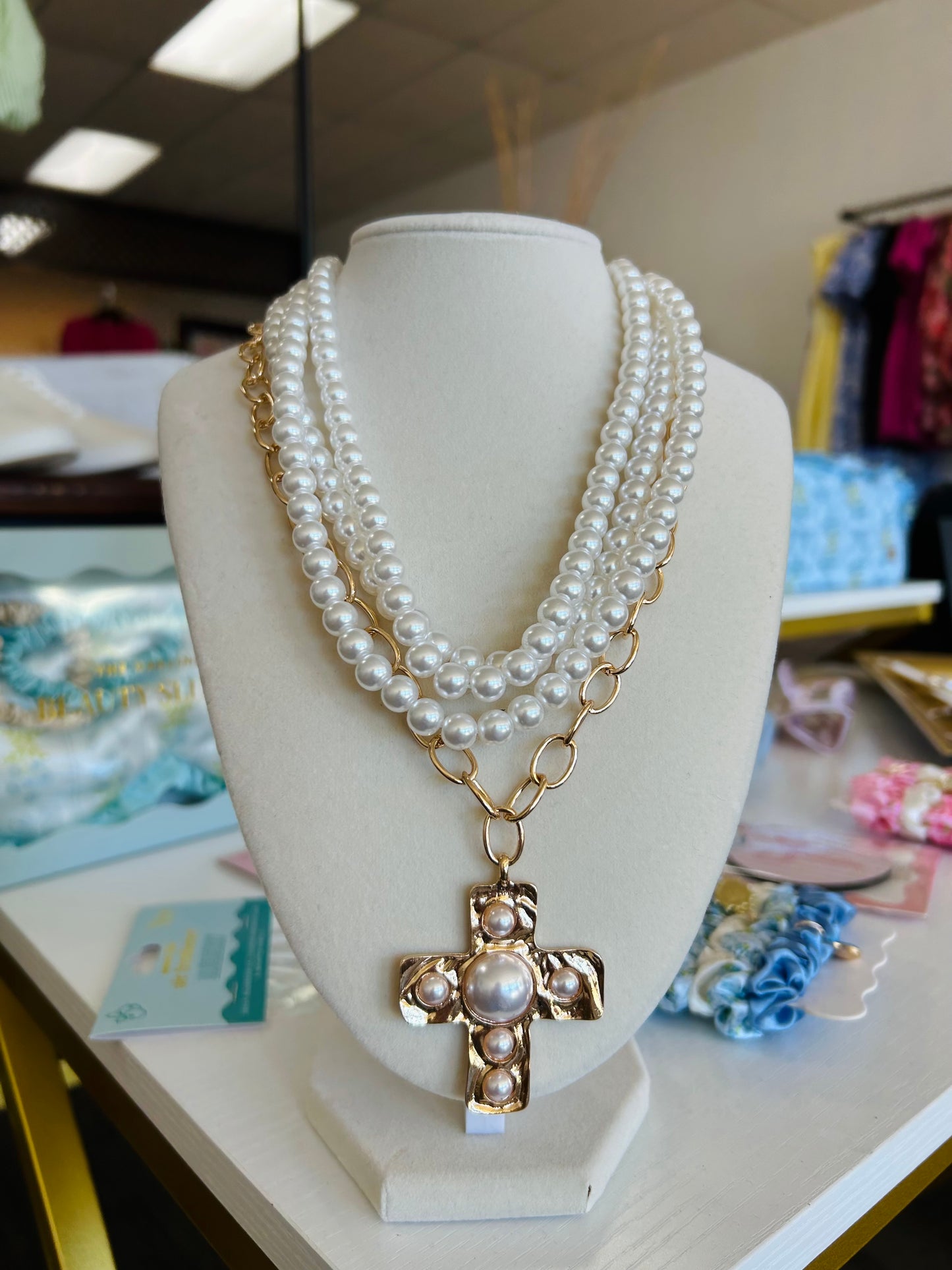 Caroline Hill - Dylan Pearl Cross Layered Necklace Gold