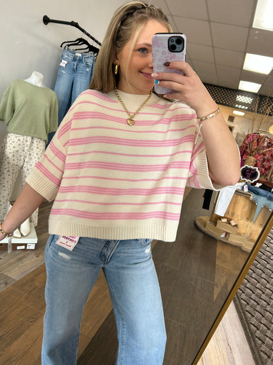 Pink Striped Short Sleeve Sweater