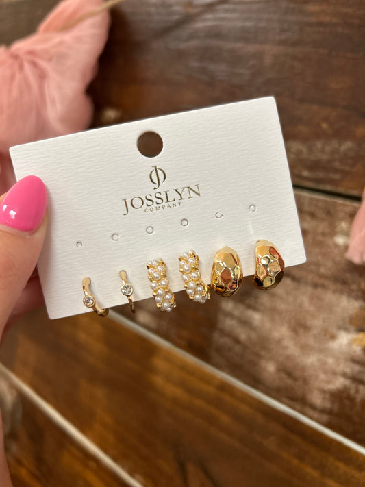 TRIO PEARL DIAMOND CUT HUGGIE HOOP EARRINGS