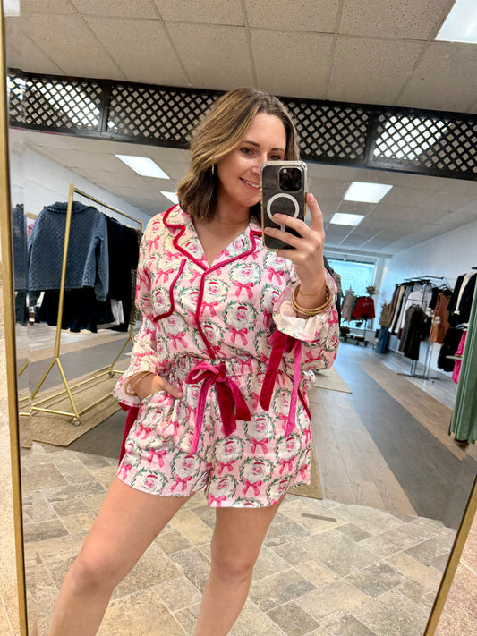 Satin Santa & Bow Prints Pajama Set