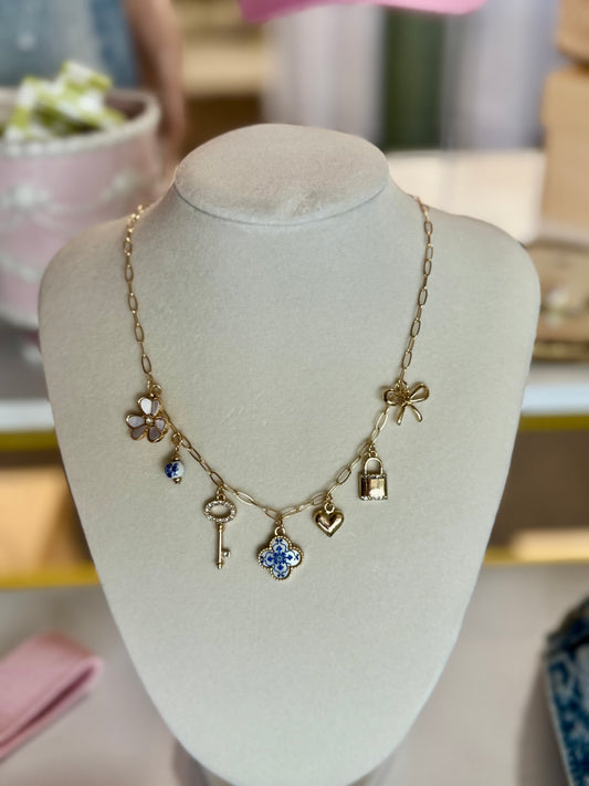 Gold Charm Necklace with Key, Heart & Floral Accents