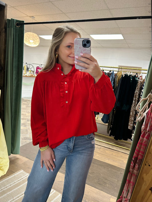 Cherry Red Half Button Down Blouse