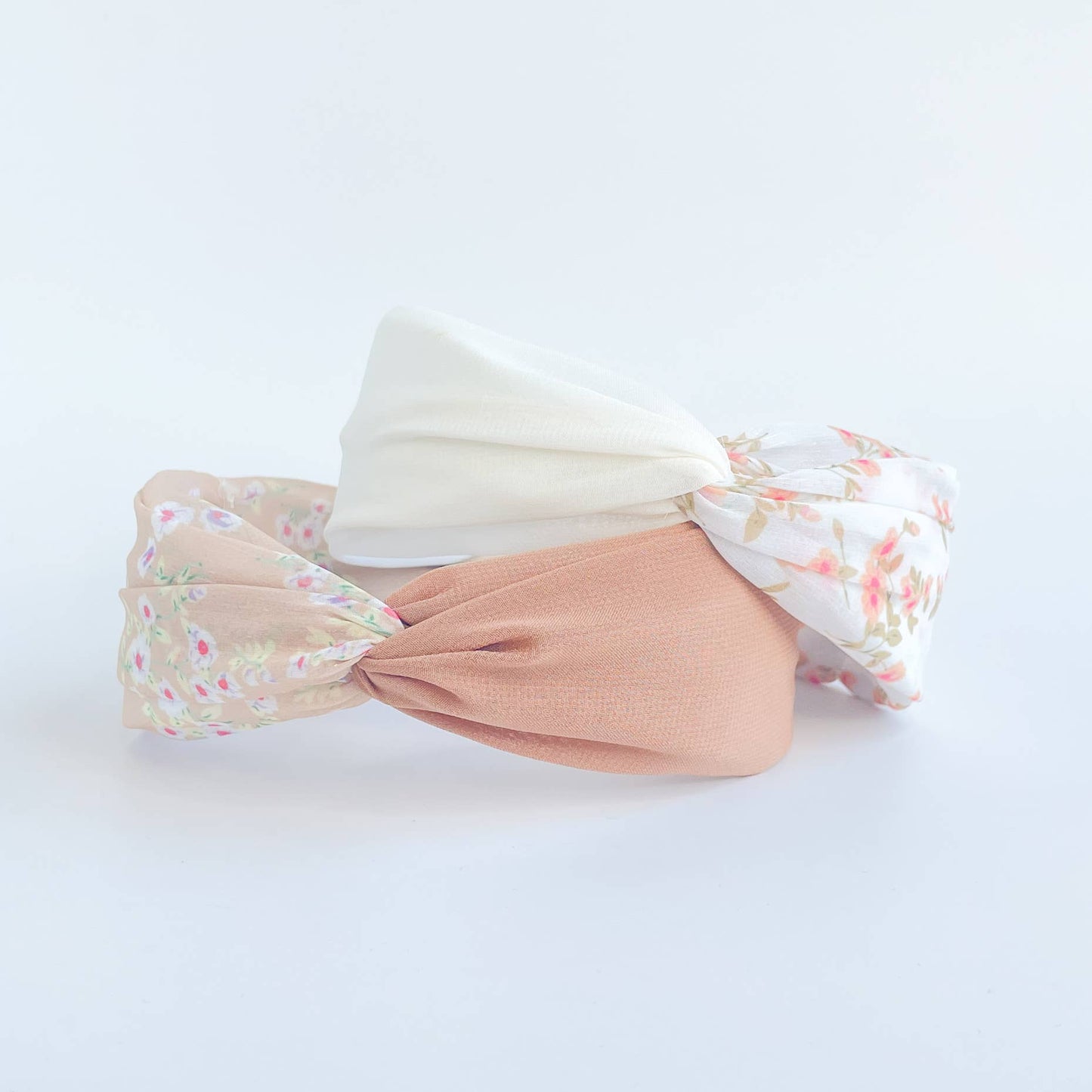 Adorro - Peach Floral Printed Knot and Twist Headband