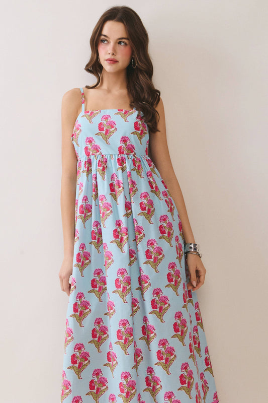 Floral Print Gathered Waist seam Maxi Dress