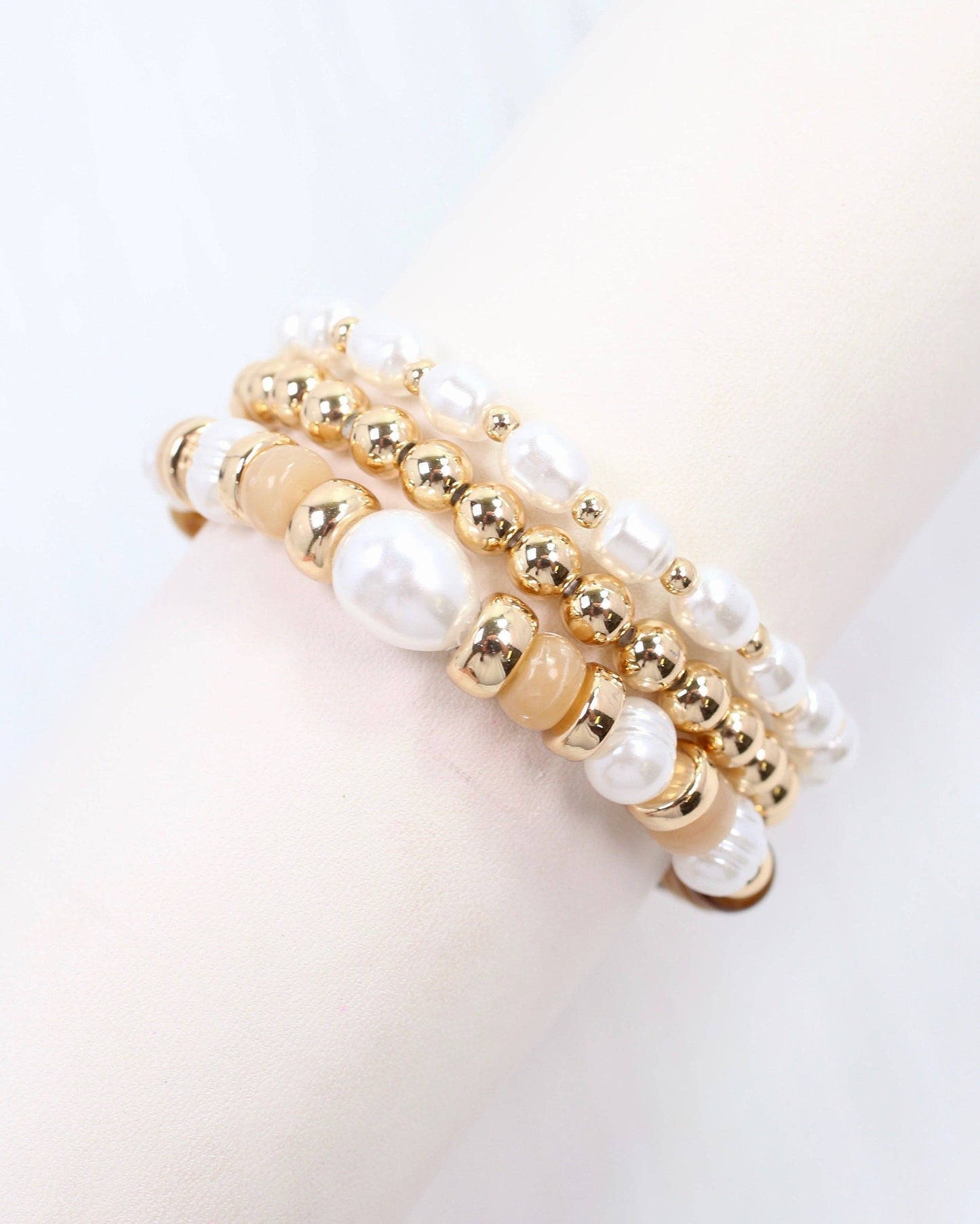 Caroline Hill - Bowie Bead and Pearl Stretch Bracelet Set Brown