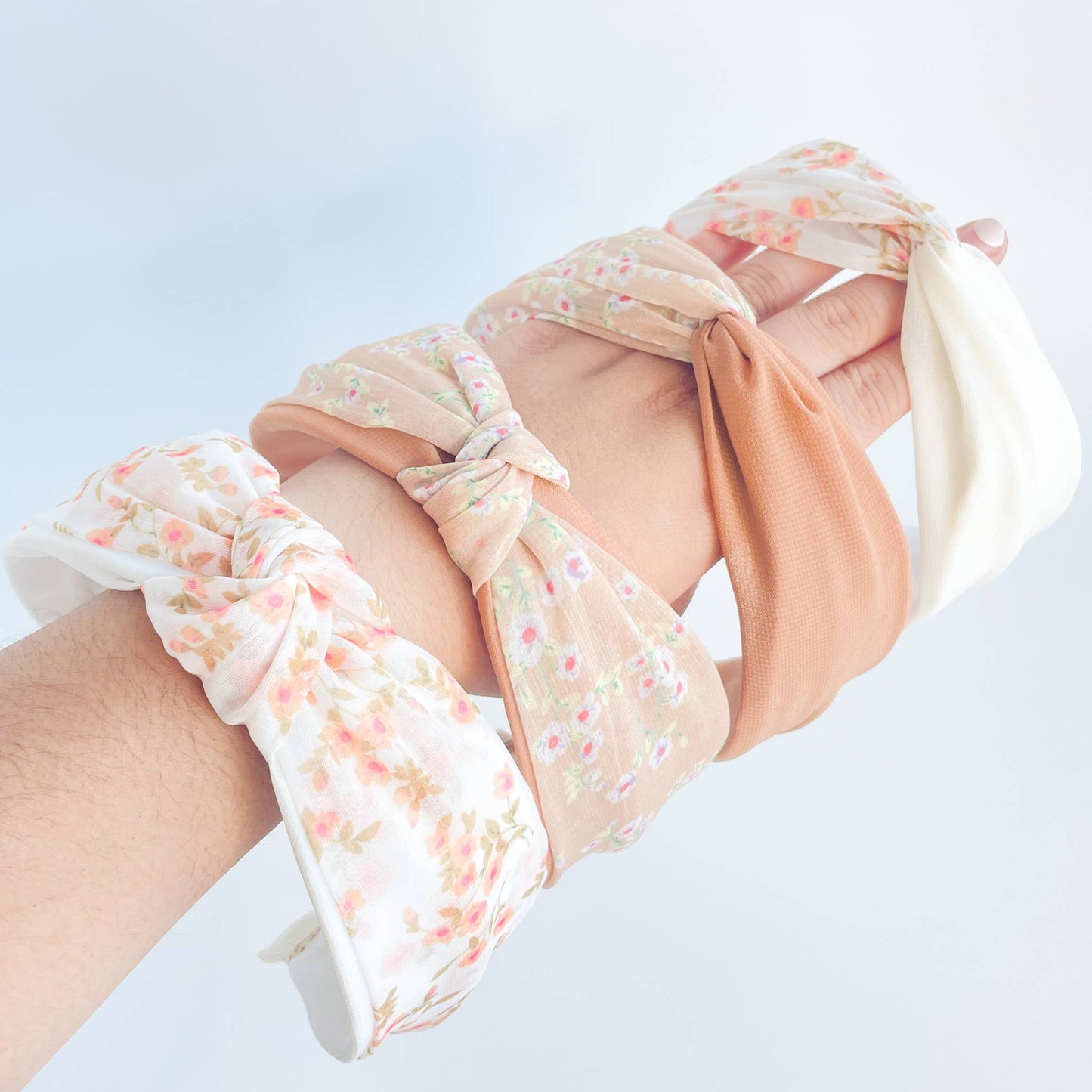 Adorro - Peach Floral Printed Knot and Twist Headband