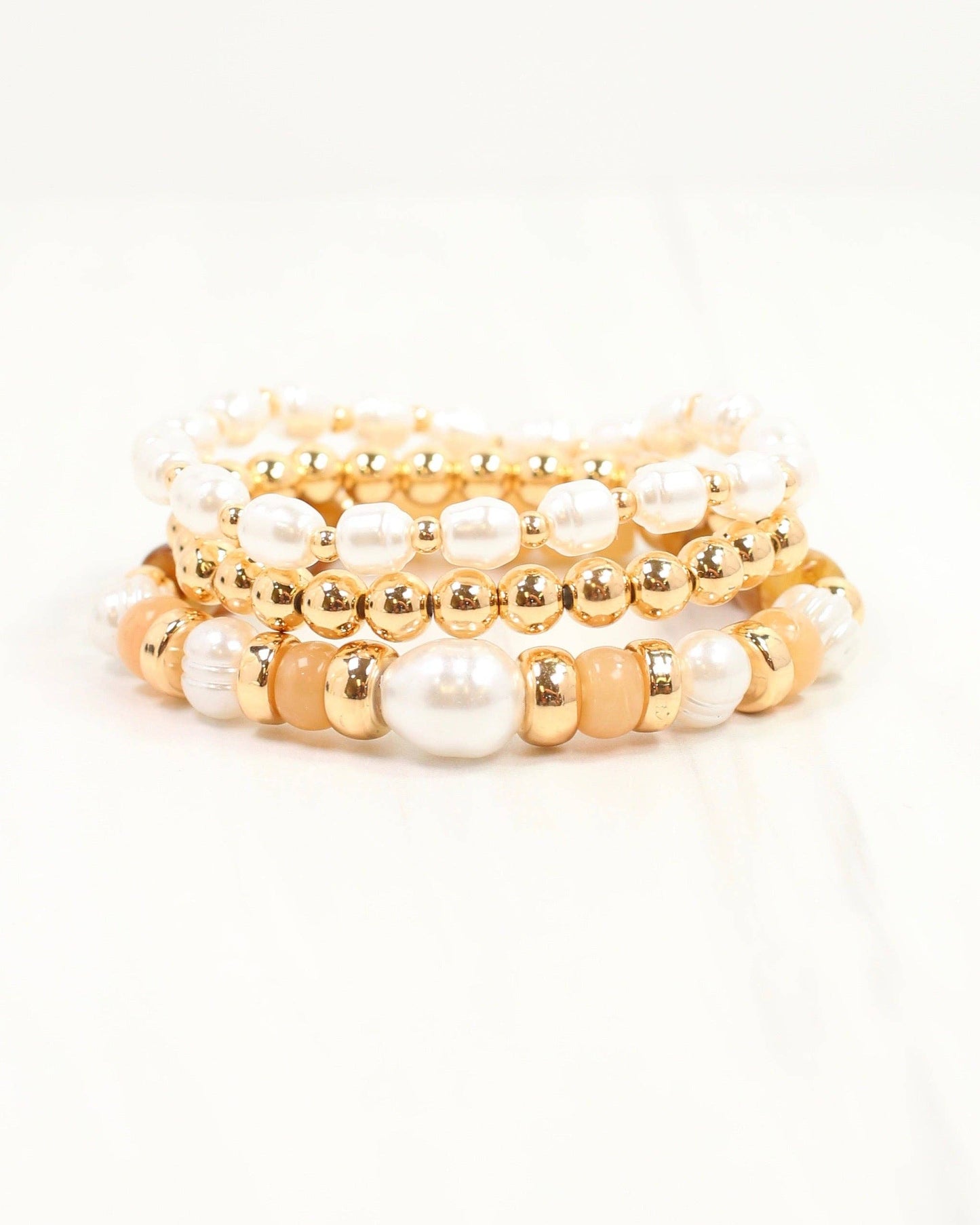Caroline Hill - Bowie Bead and Pearl Stretch Bracelet Set Brown